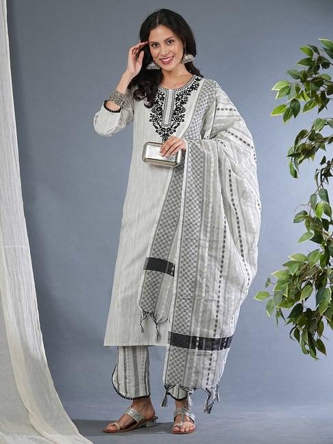 globus white & black cotton embroidered kurta with pants & dupatta