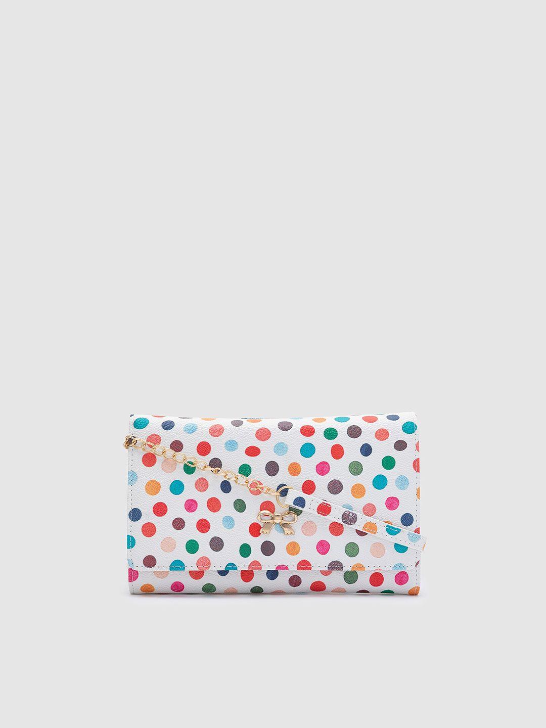 globus white & red polka dots printed bow detail envelope wallet with sling strap