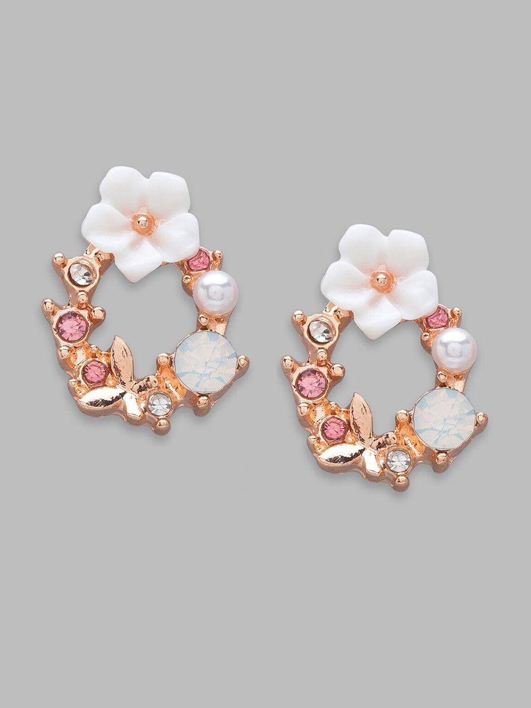 globus white & rose gold-plated floral studs earrings