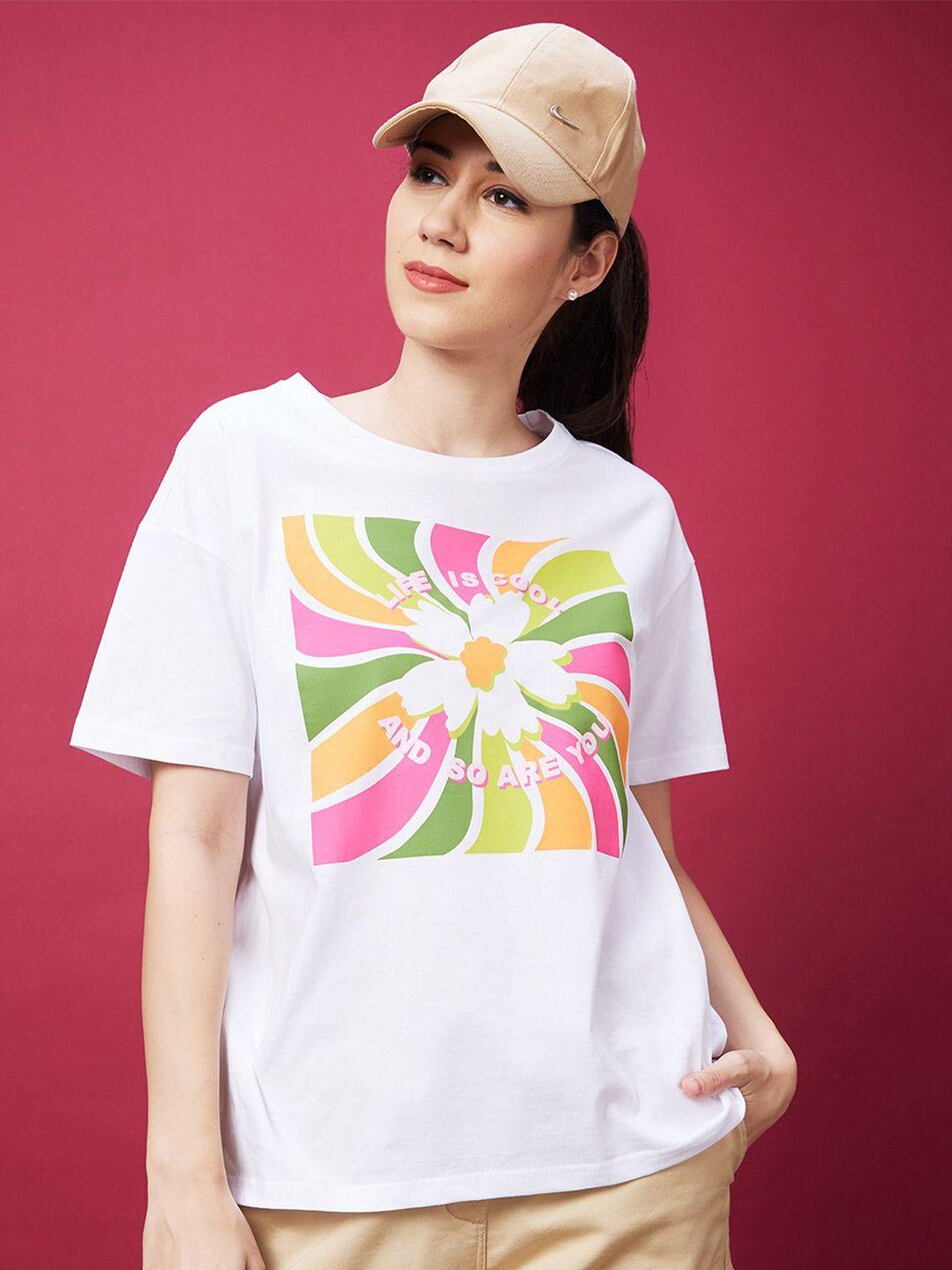 globus white floral printed drop-shoulder sleeves cotton boxy t-shirt