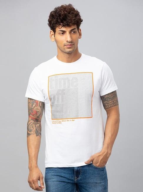 globus white regular fit cotton printed crew t-shirt