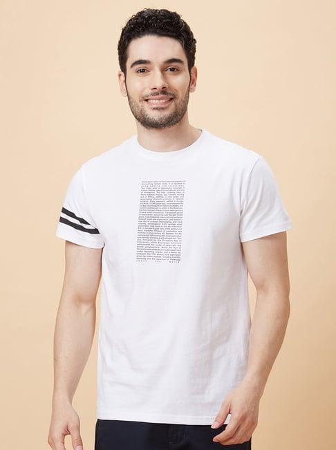 globus white regular fit printed cotton crew t-shirt