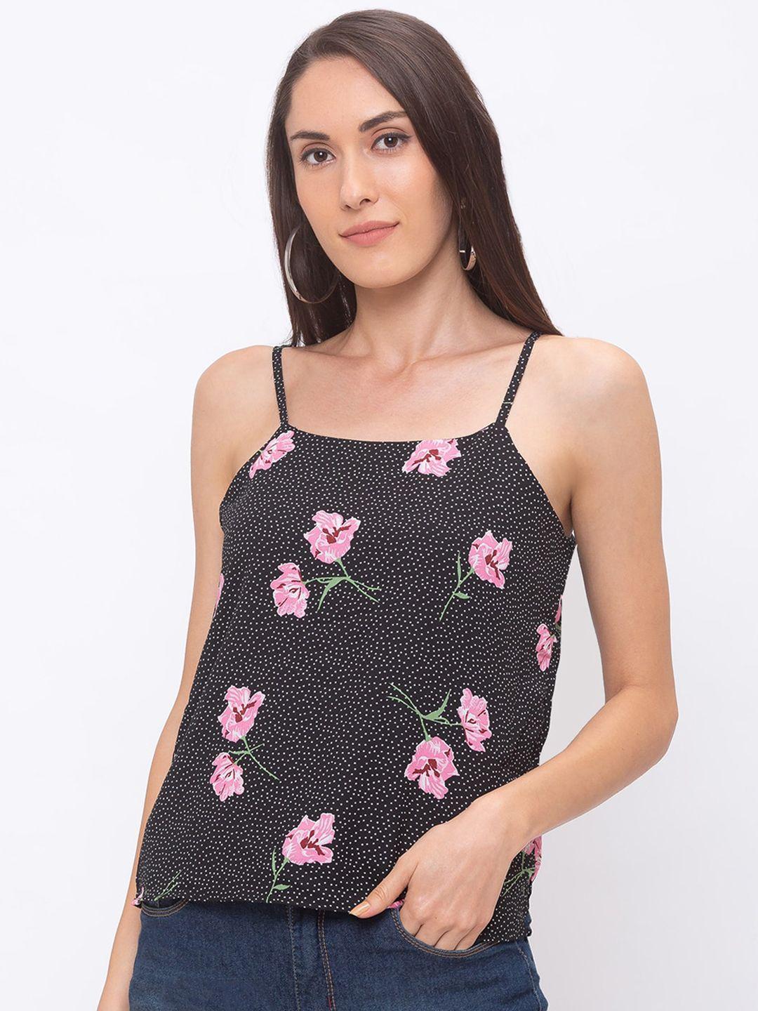globus women black & pink floral print pure cotton top