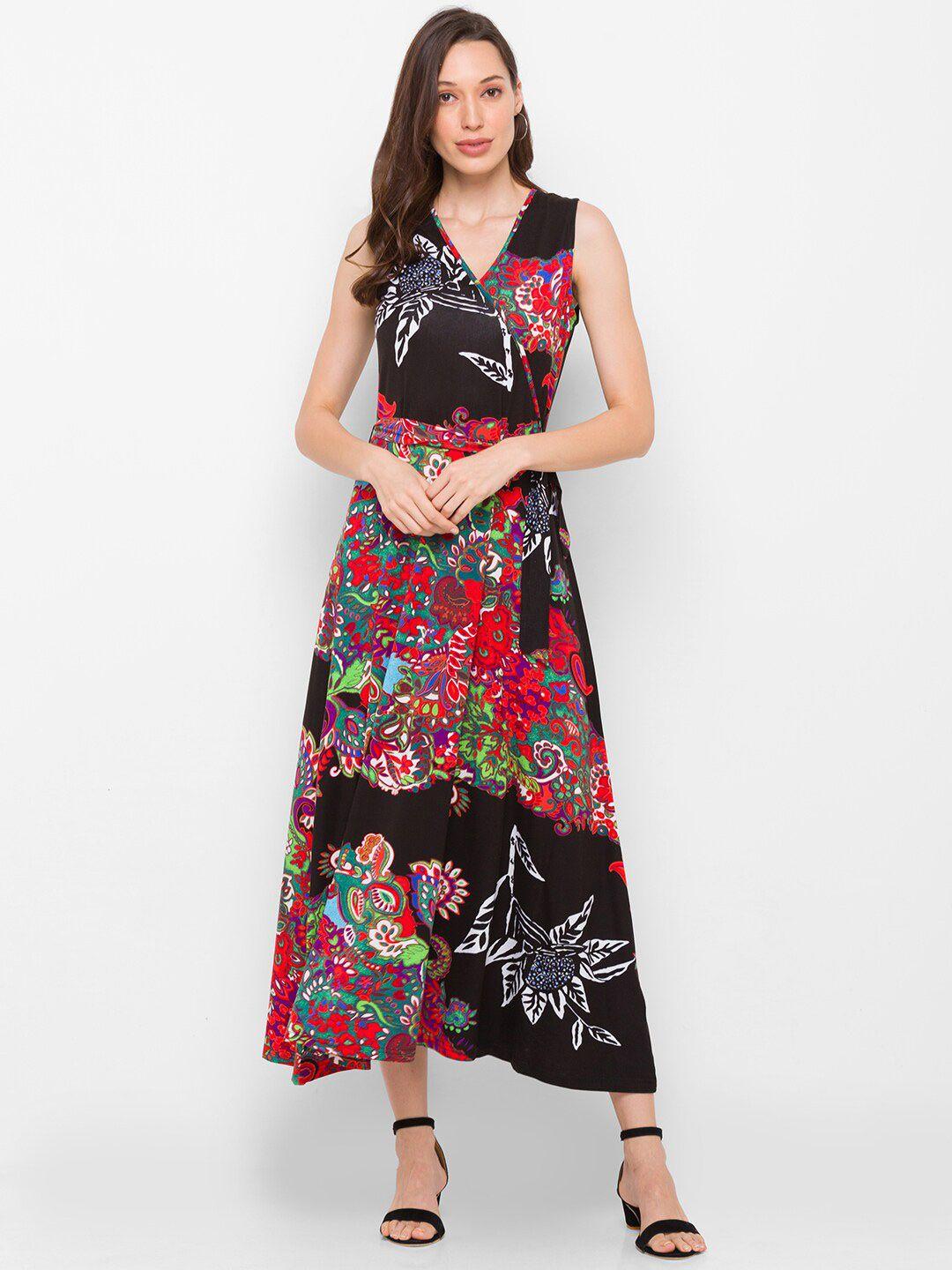 globus women black & red ethnic motifs printed belted maxi dress