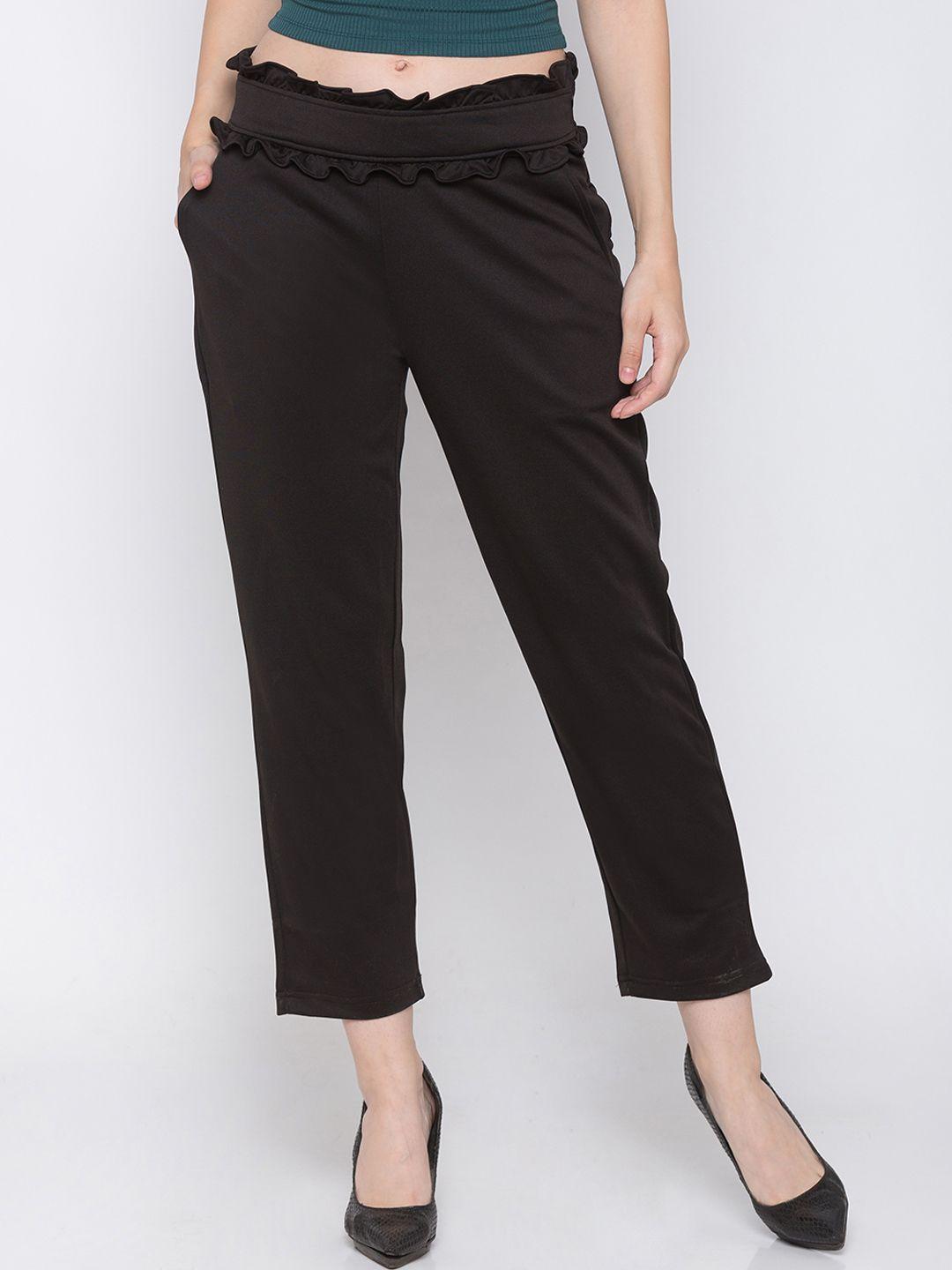 globus women black regular fit solid regular trousers