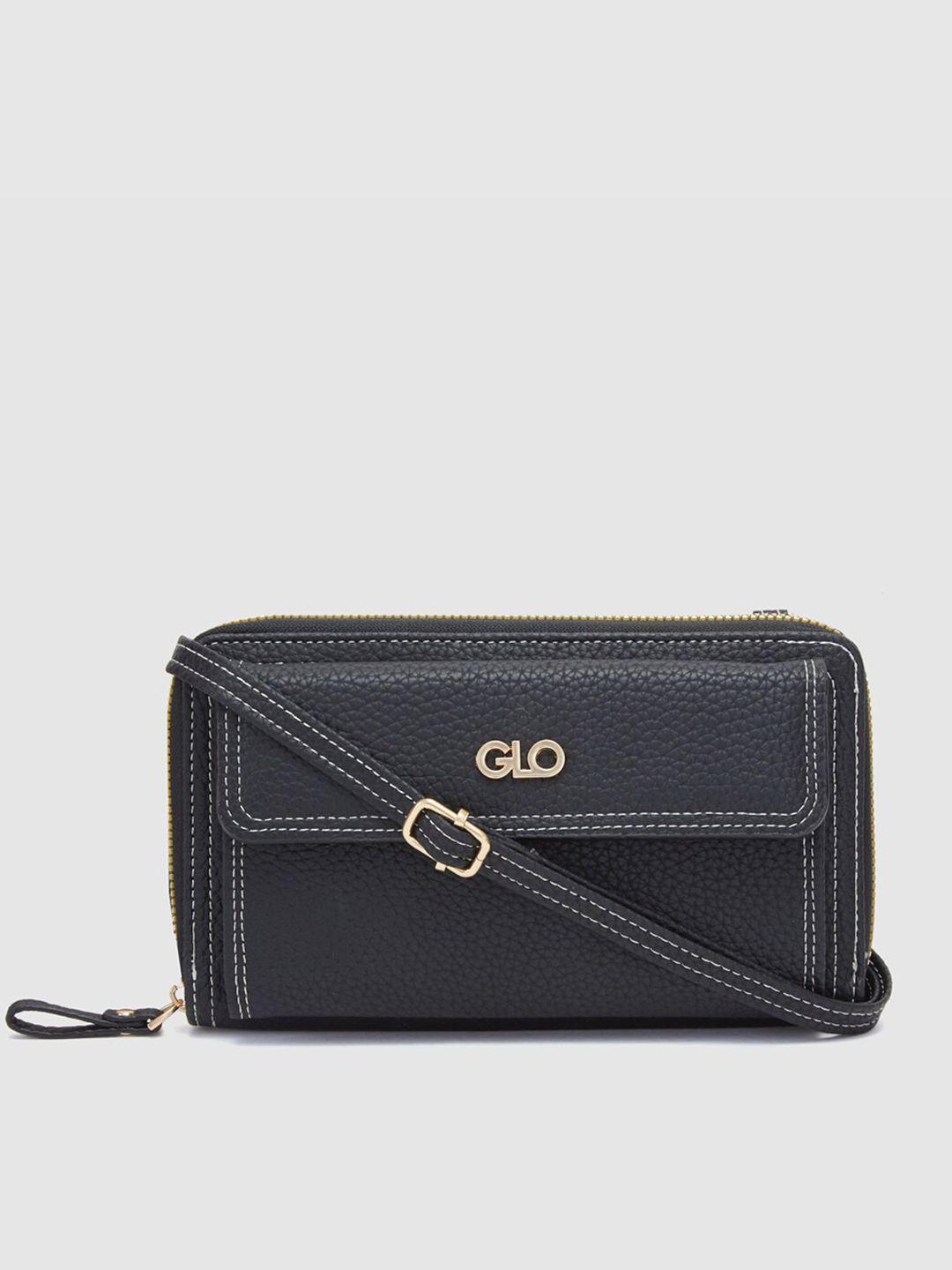globus women black textured zip around wallet
