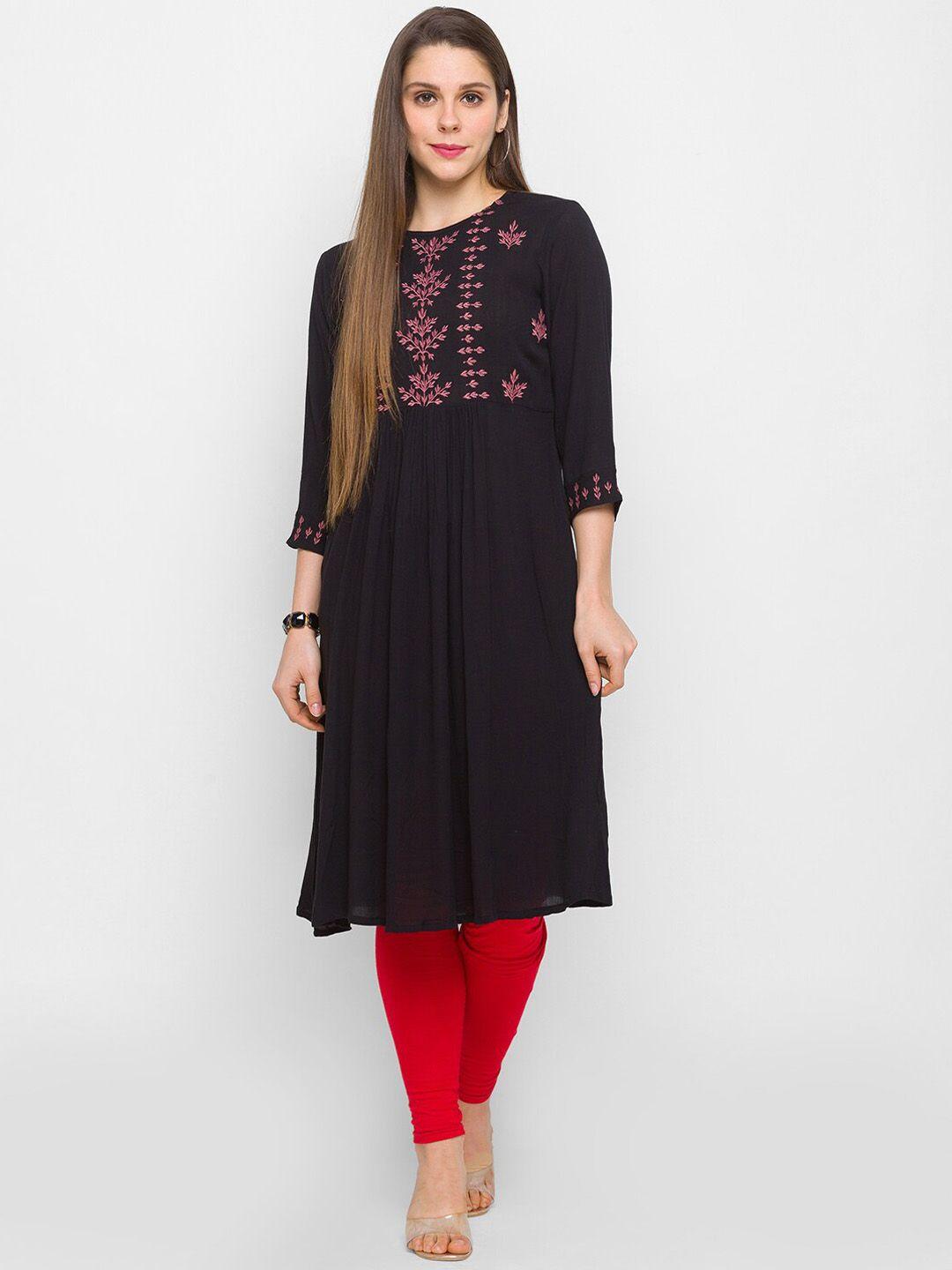 globus women black yoke design thread work kurta