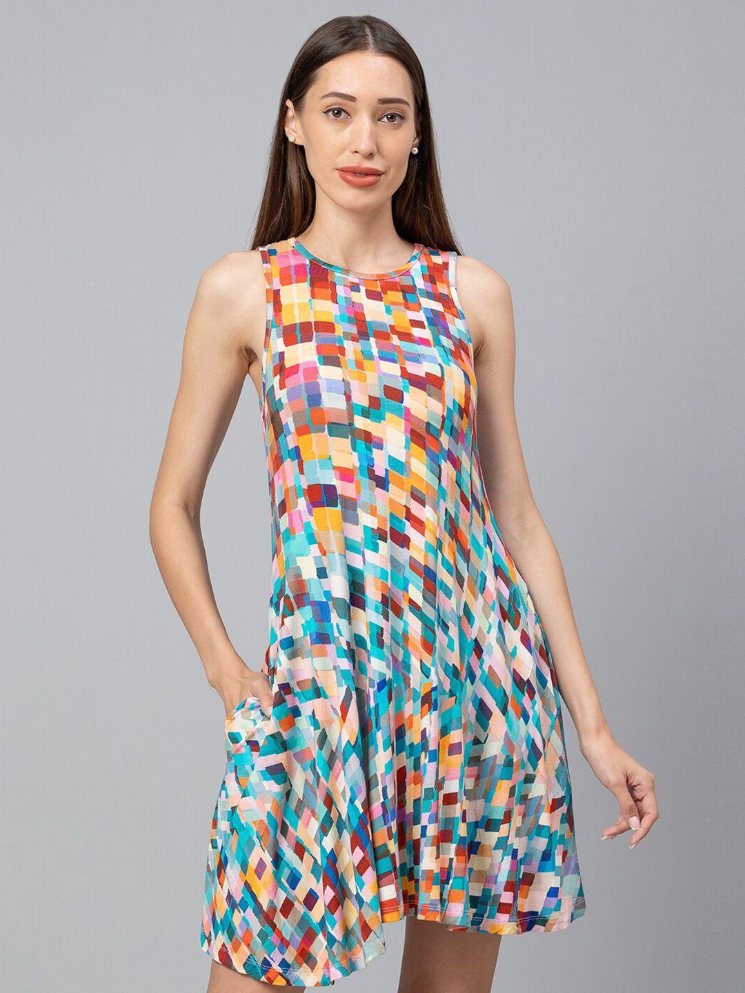 globus women blue & red printed a-line dress