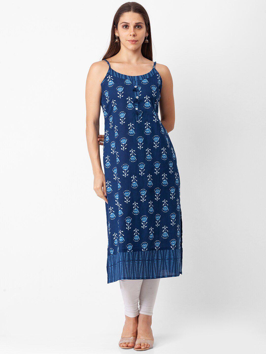 globus women blue & white ethnic motifs printed shoulder strap kurta