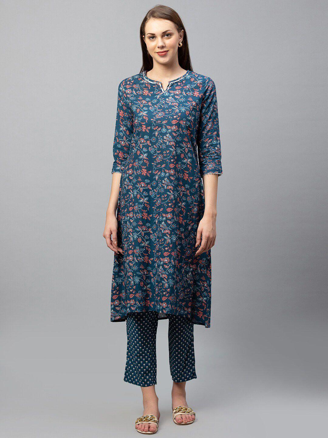 globus women blue floral printed sequinned pure cotton kurta with trousers