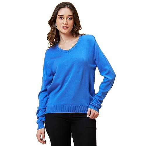 globus women blue solid flat knit v-neck sweater top-3638066002