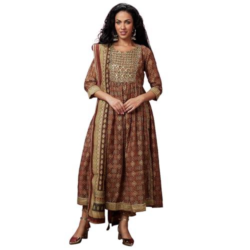 globus women brown ethnic motifs print flared a-line festive kurta set with dupatta-3640291002