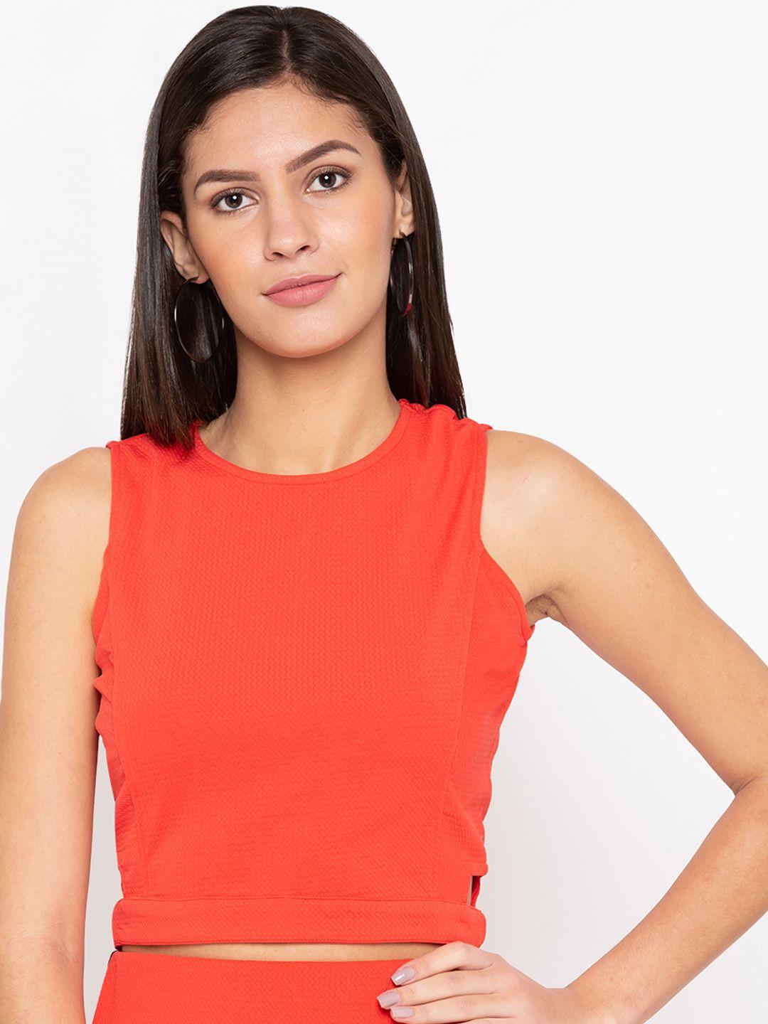 globus women coral orange solid fitted crop top