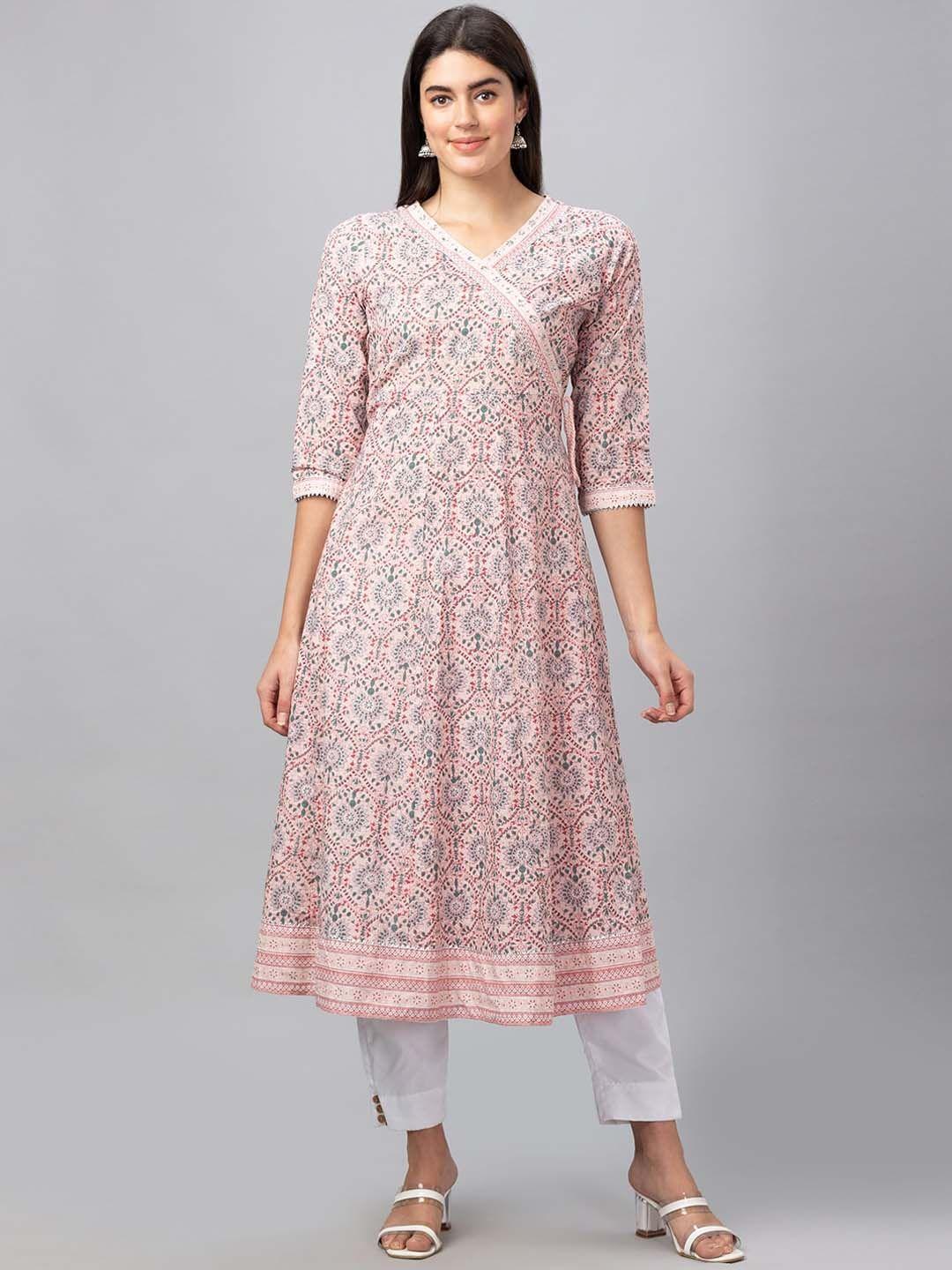 globus women floral printed gotta patti anarkali pure cotton kurta