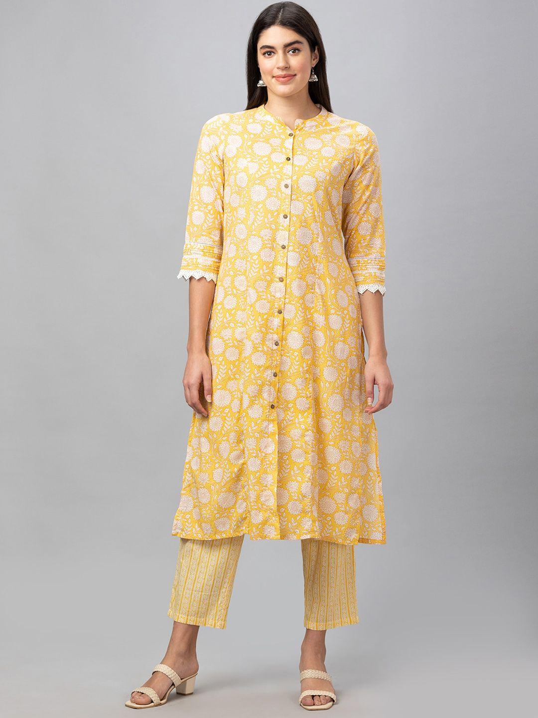 globus women floral printed pure cotton kurta with trousers