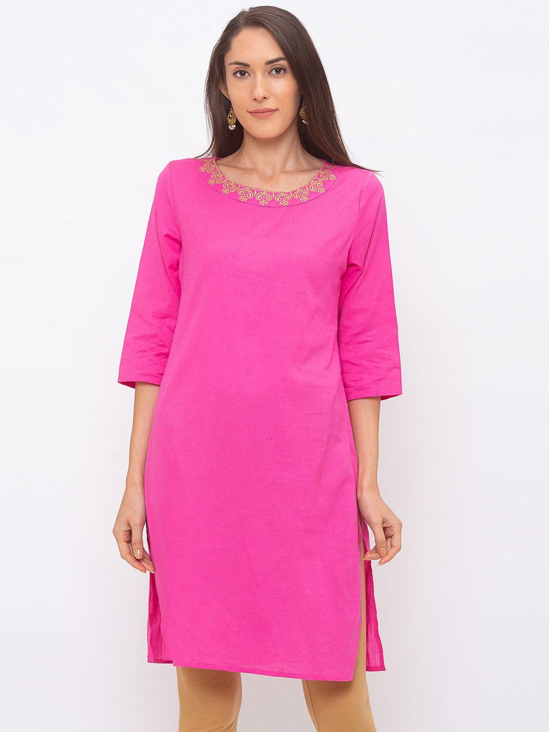 globus women fuchsia yoke design straight kurta