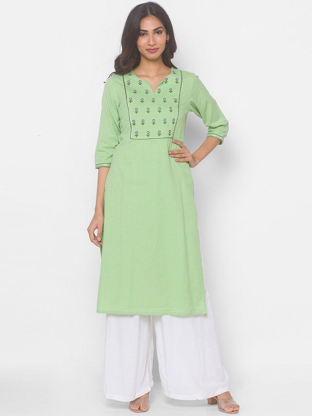 globus women green geometric embroidered thread work kurta