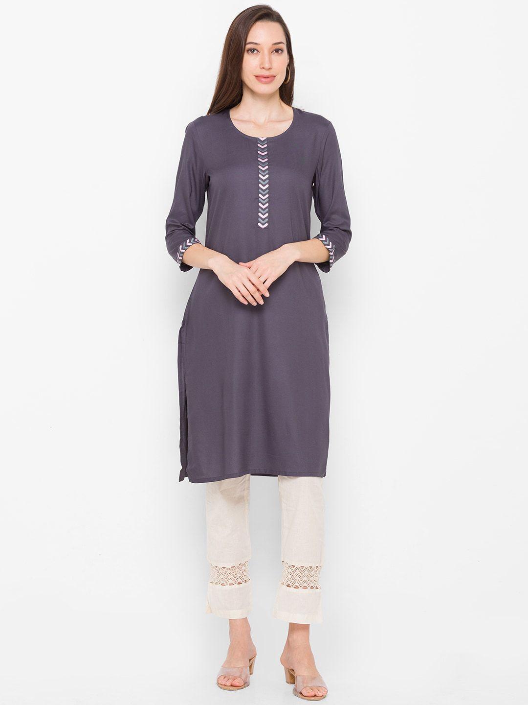 globus women grey embroidered kurta