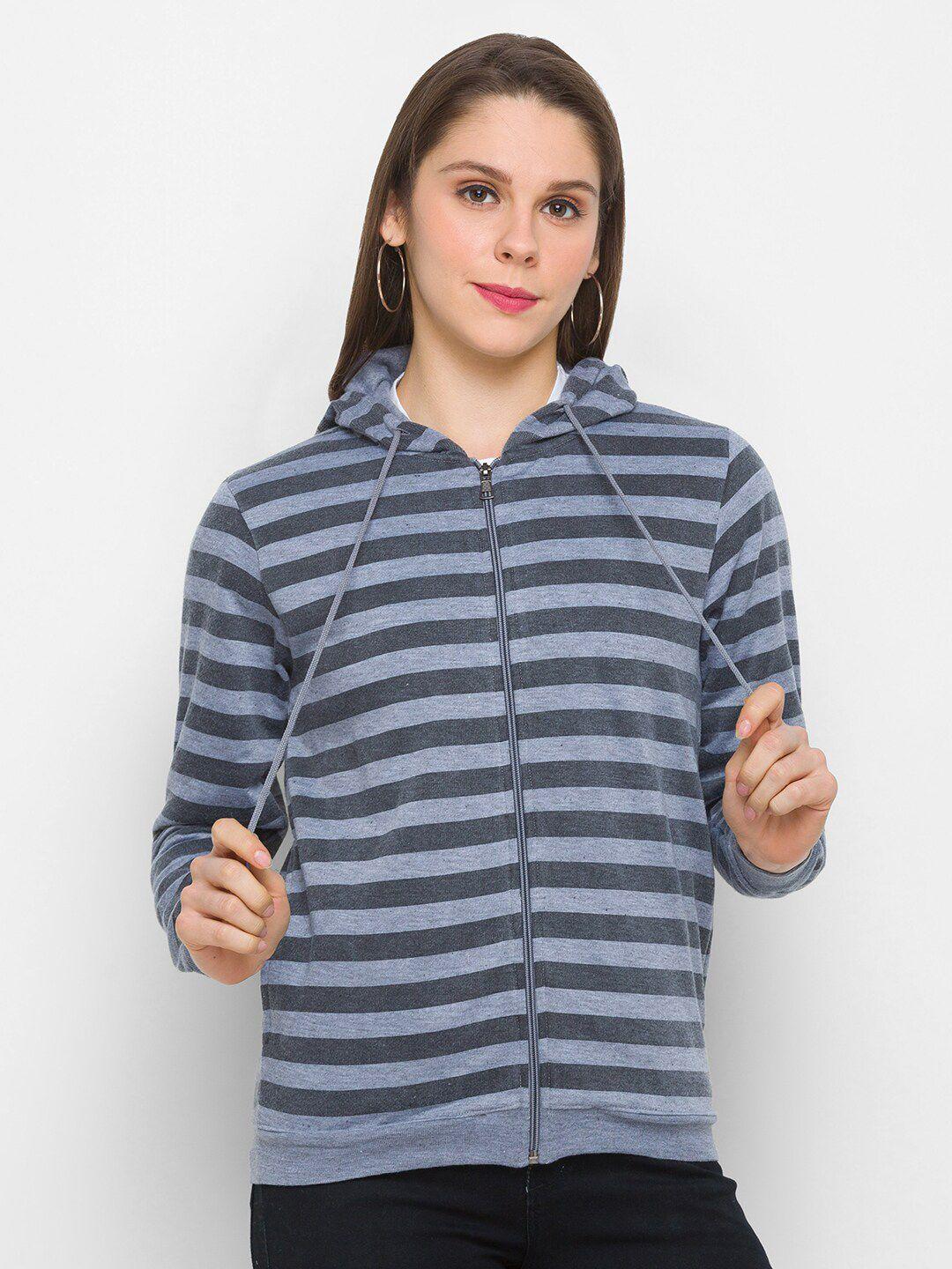 globus women grey melange & blue striped hooded sweatshirt