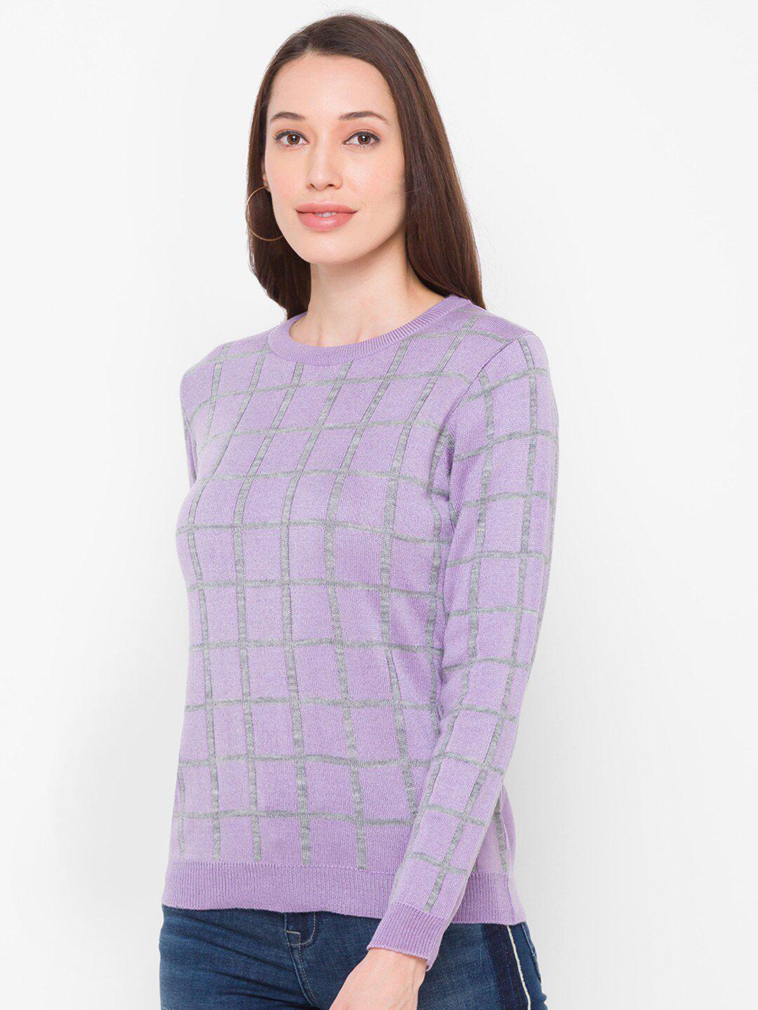 globus women lavender & grey checked acrylic pullover