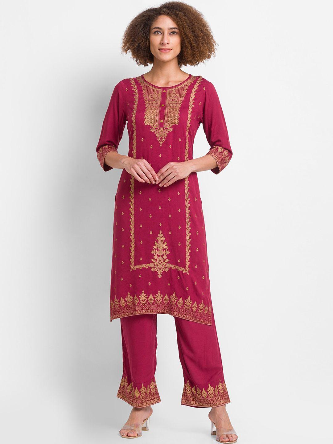 globus women magenta & golden ethnic motifs printed kurta with trousers