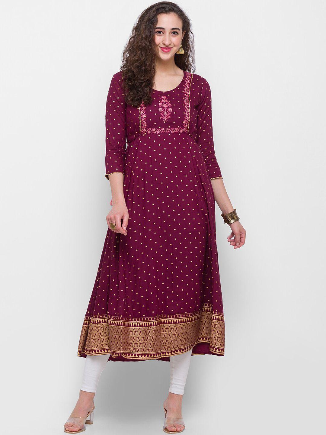 globus women magenta paisley printed keyhole neck anarkali kurta