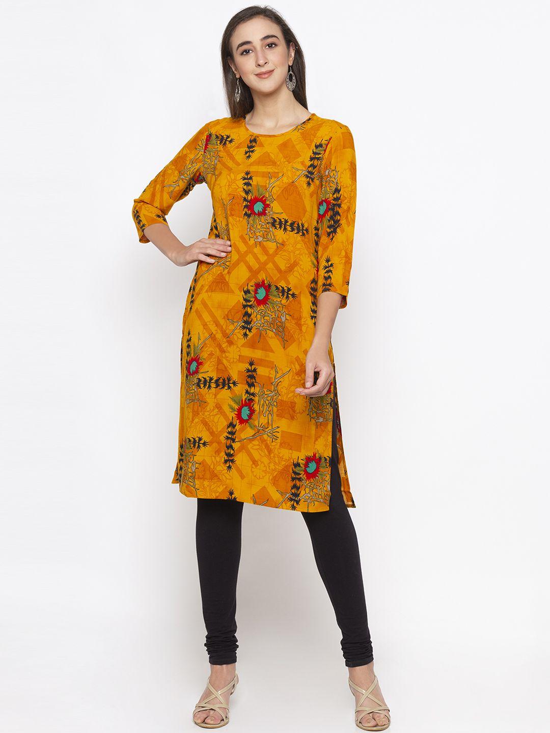 globus women mustard yellow floral printed straight kurta