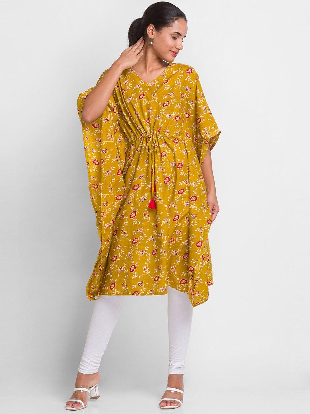 globus women mustard yellow printed flared sleeves kaftan kurta