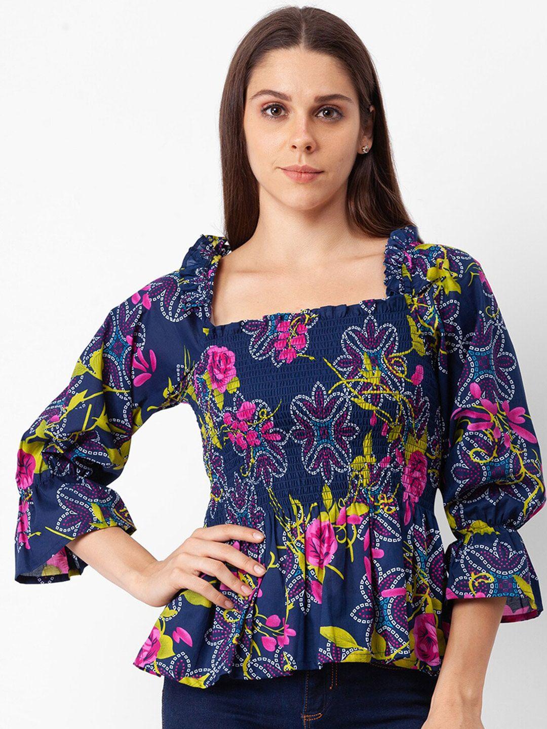 globus women navy blue floral printed pure cotton top