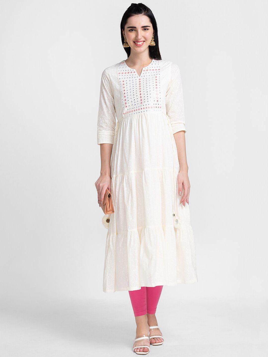 globus women off white & pink ethnic motifs mirror work anarkali pure cotton kurta