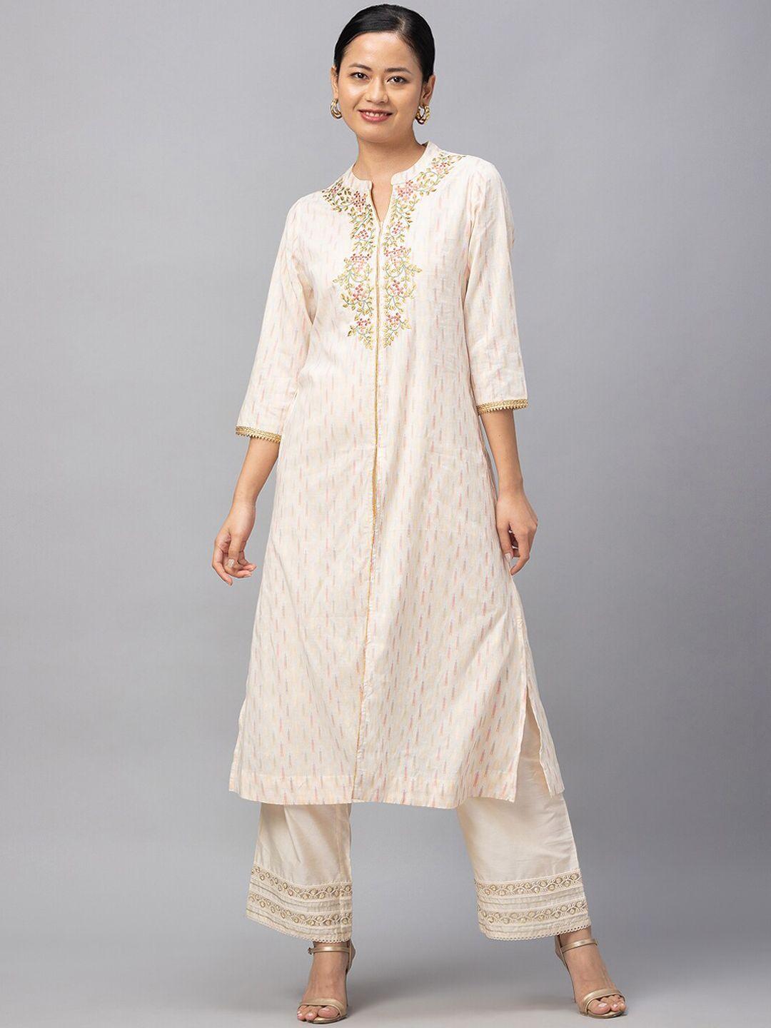 globus women off white & pink thread work pure cotton kurta