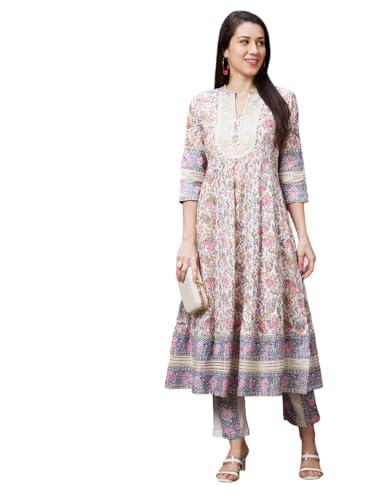 globus women off white cotton casual floral printed anarkali kurta set with printed trouser-3633182003