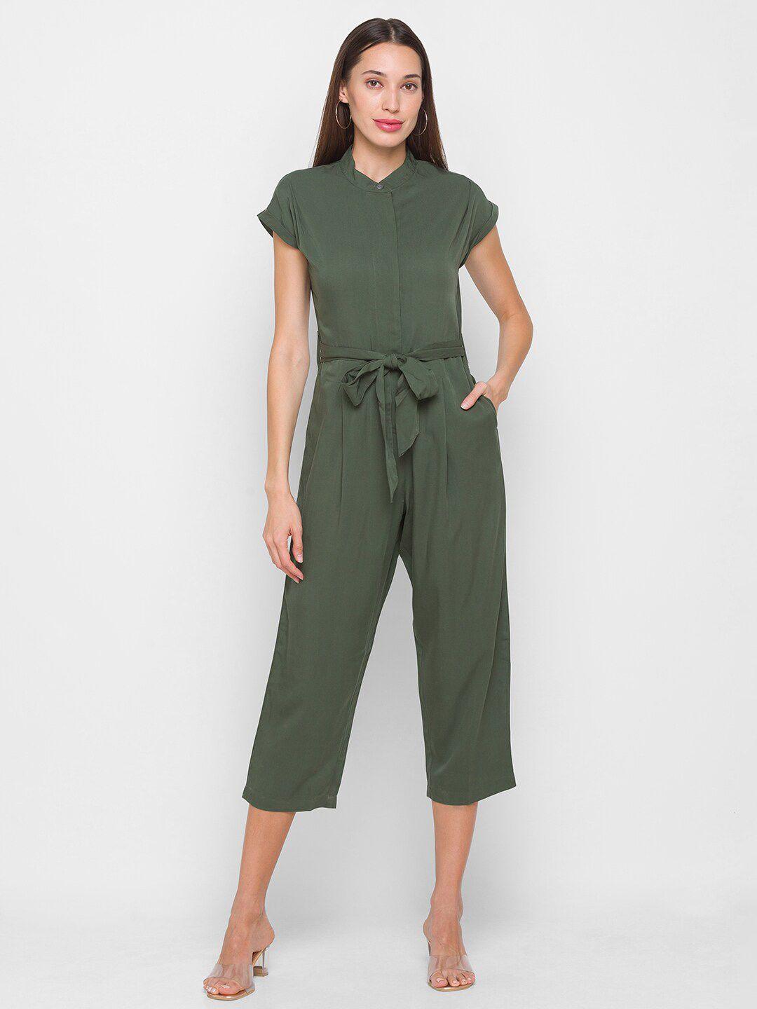 globus women olive green solid capri jumpsuit