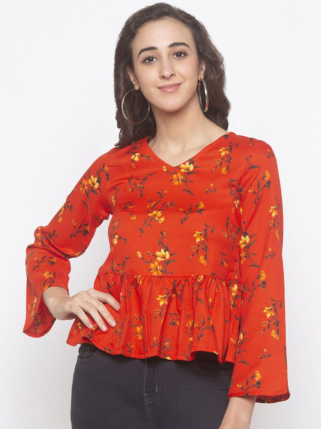 globus women orange & yellow printed peplum top