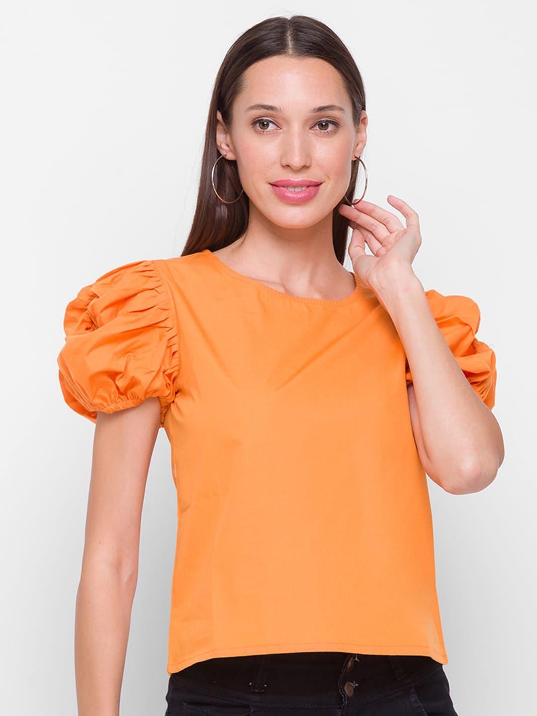 globus women orange solid regular pure cotton top