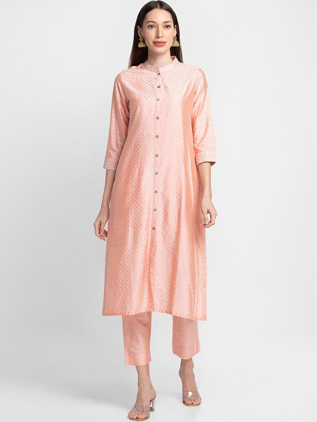 globus women peach-coloured printed kurta with trousers