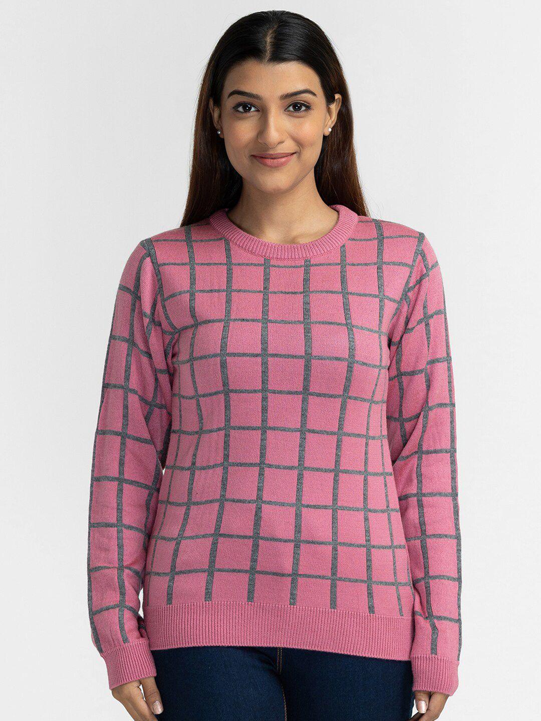 globus women pink & grey checked printed pullover