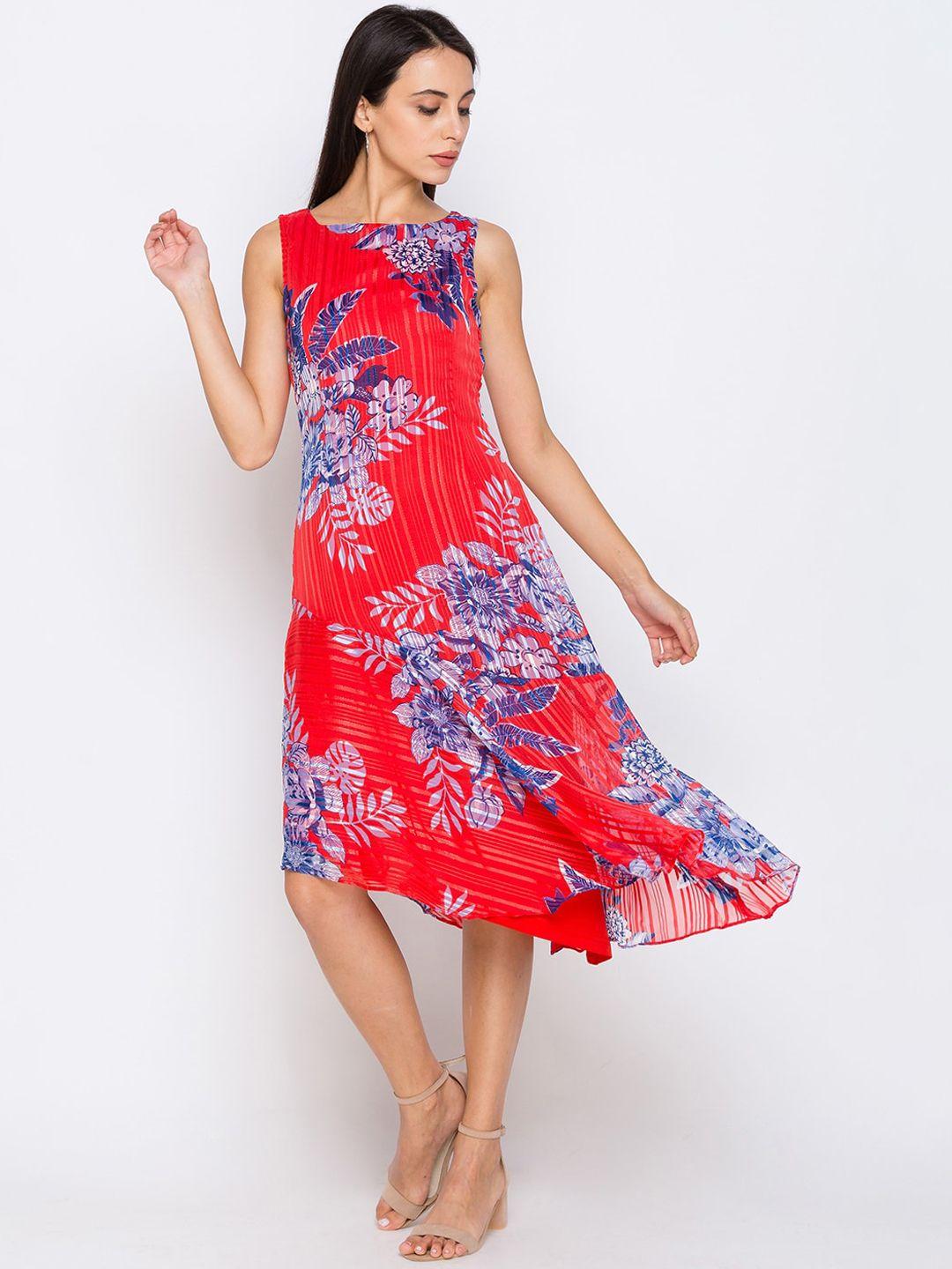 globus women red & blue floral printed midi dress