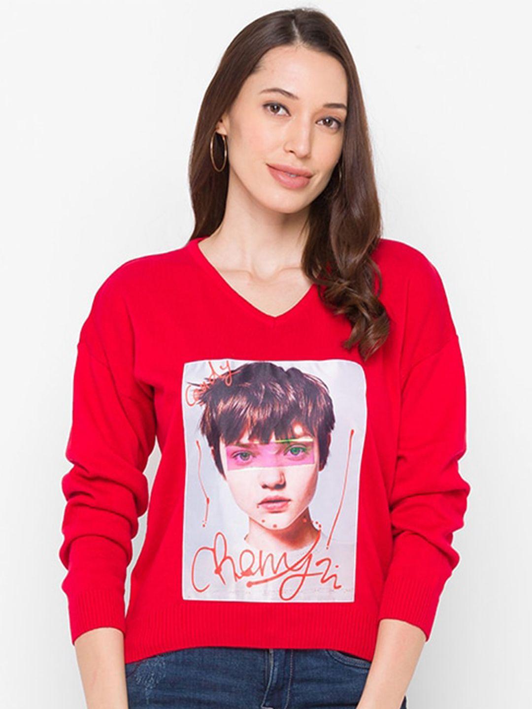 globus women red & off white printed cotton pullover
