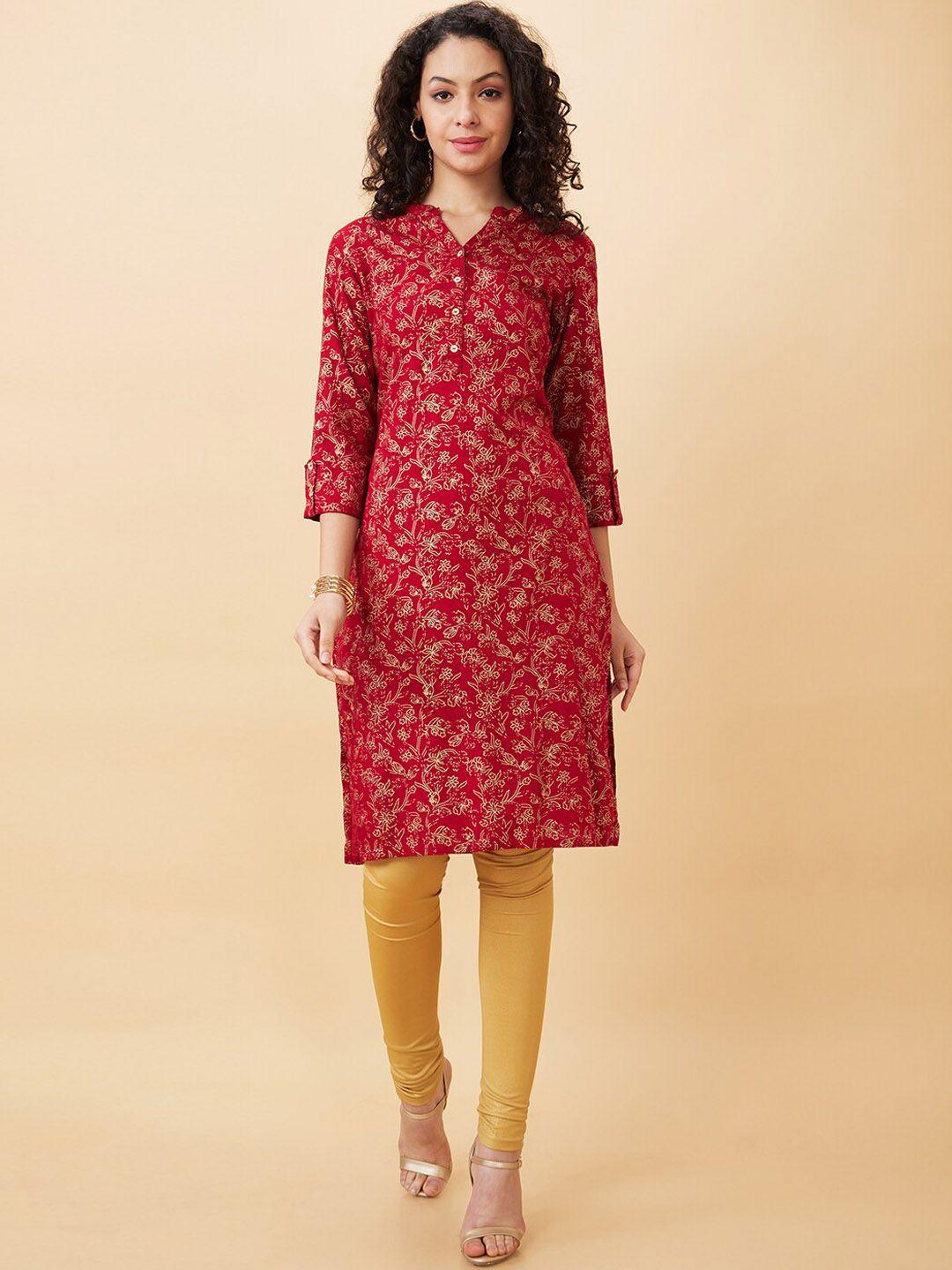 globus women red ethnic motifs printed thread work kurta