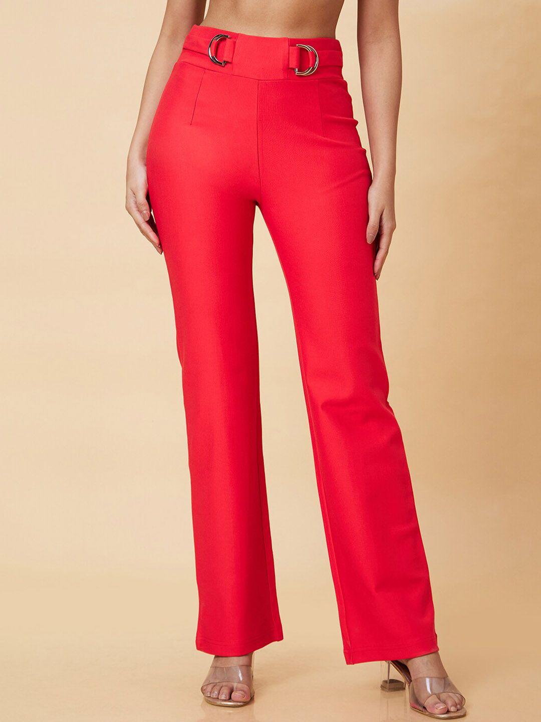 globus women red straight fit high-rise cotton trousers
