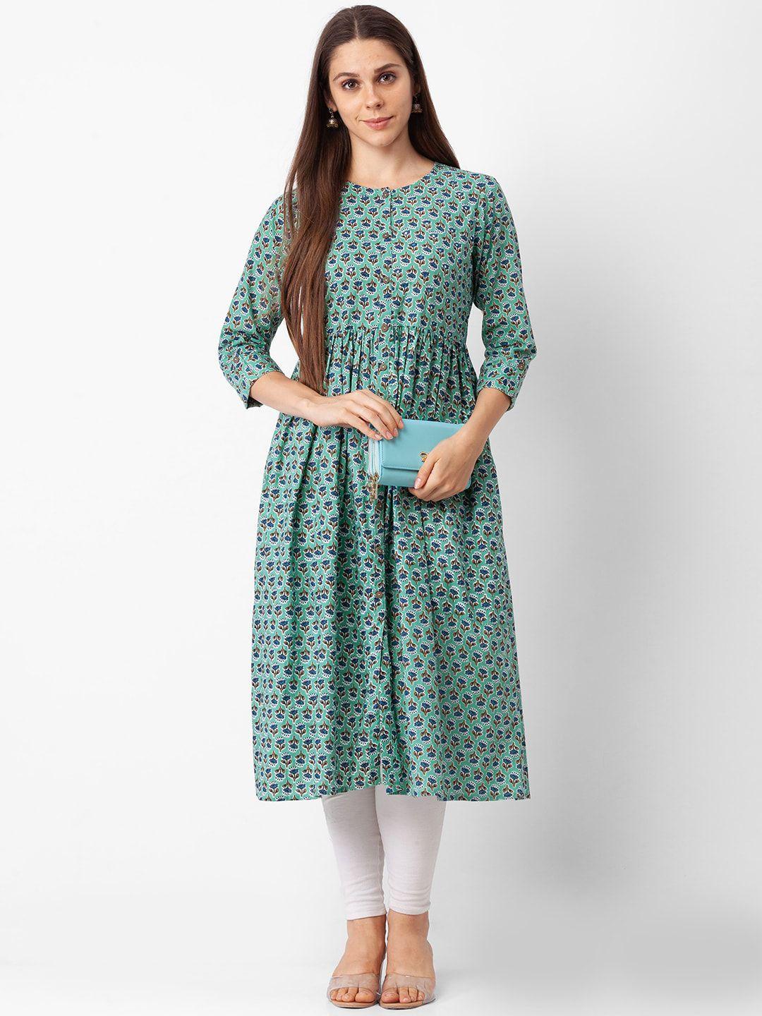 globus women sea green & blue geometric printed kurta