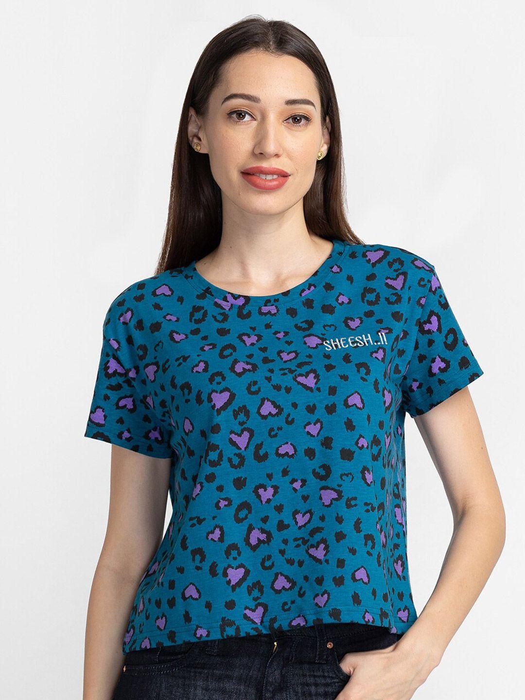 globus women teal & pink printed cotton t-shirt