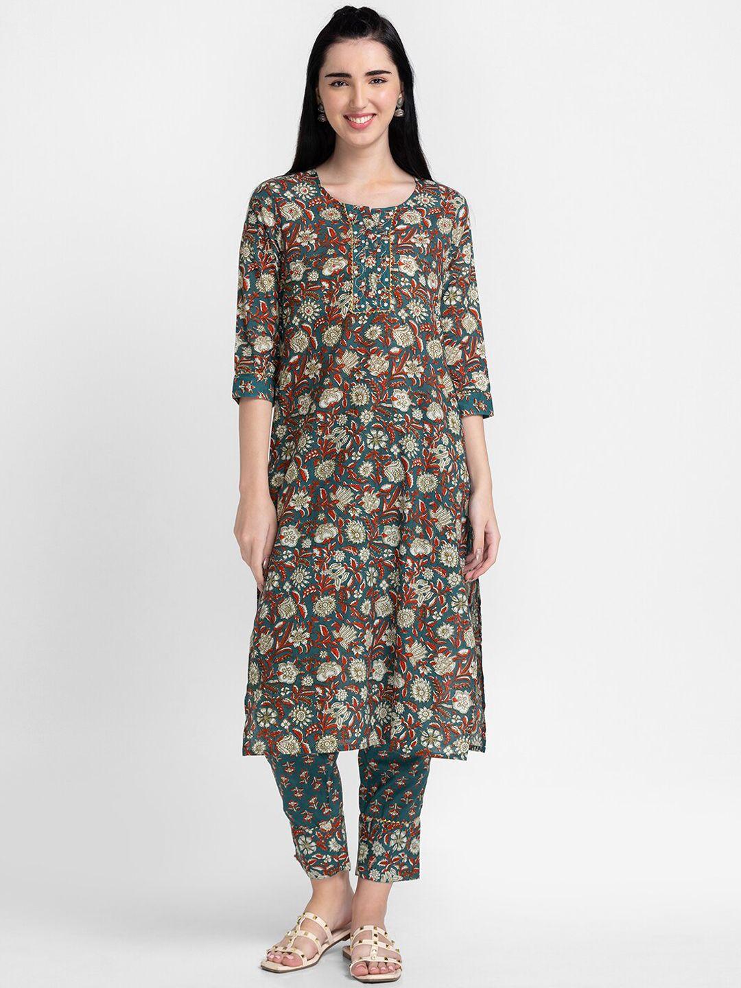 globus women teal floral printed pure cotton kurta with trouser