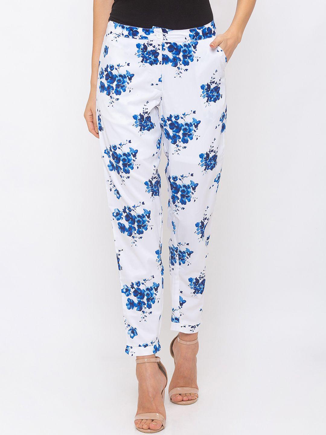 globus women white & blue regular fit printed peg trousers