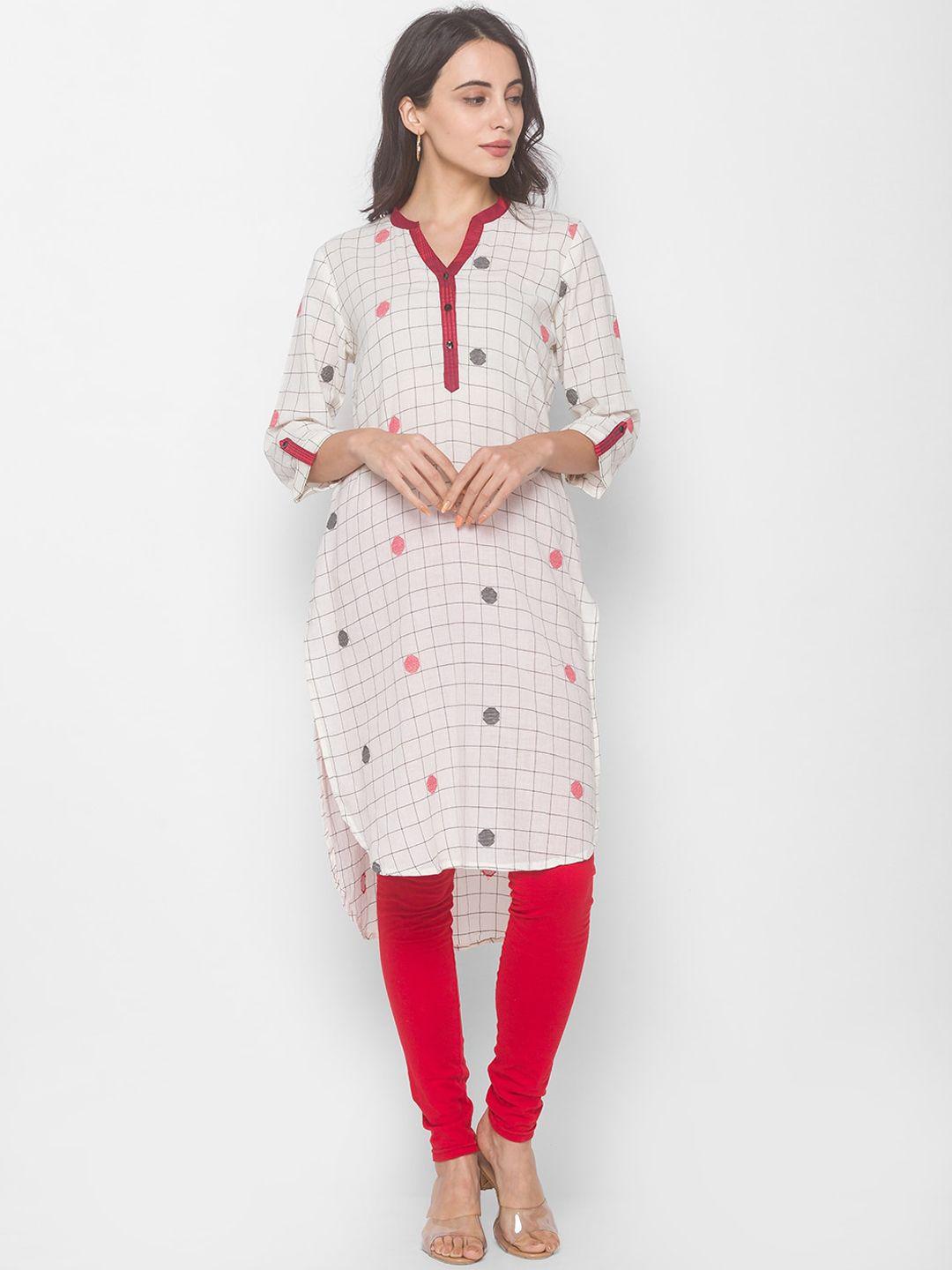 globus women white & red checked cotton kurta