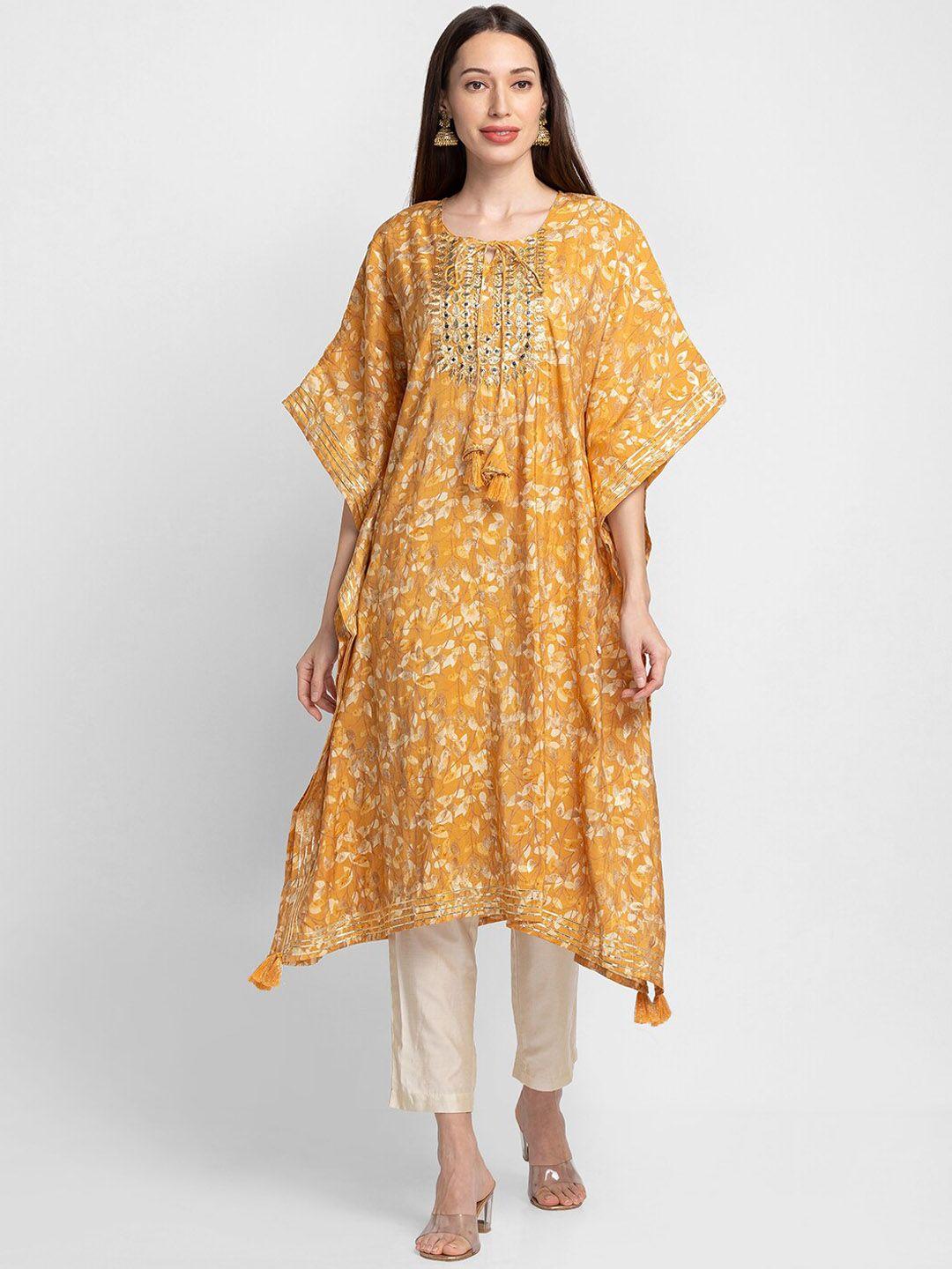 globus women yellow ethnic motifs printed flared sleeves kaftan kurta
