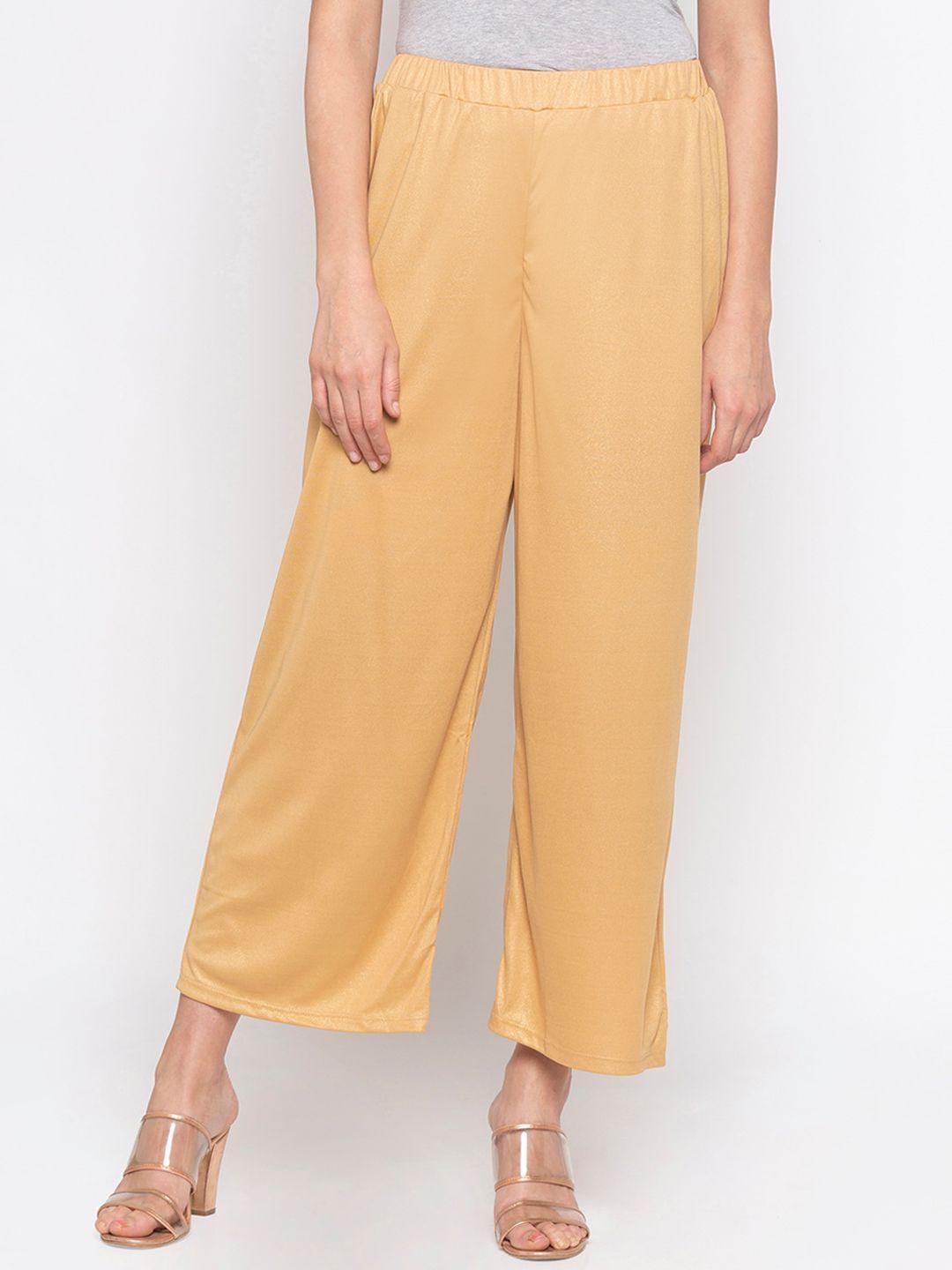 globus women yellow slim fit solid parallel trousers