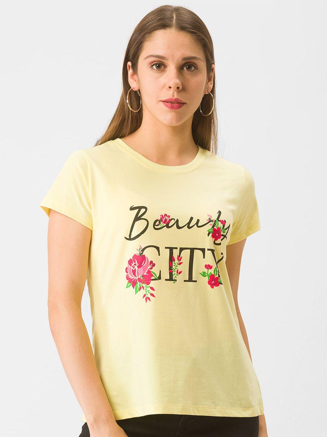 globus women yellow typography printed pure cotton t-shirt