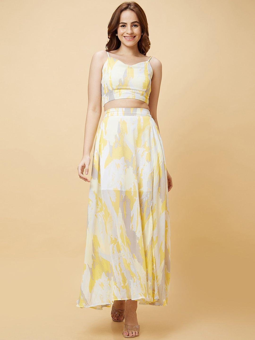 globus yellow abstract printed crop top with maxi skirt